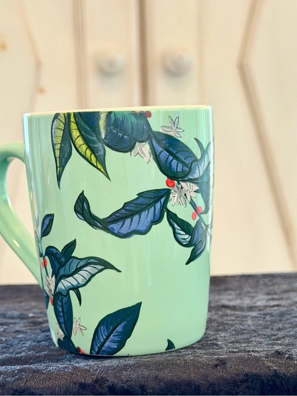 Starbucks Mint Green Ceramic Coffee Mug with Botanical Design